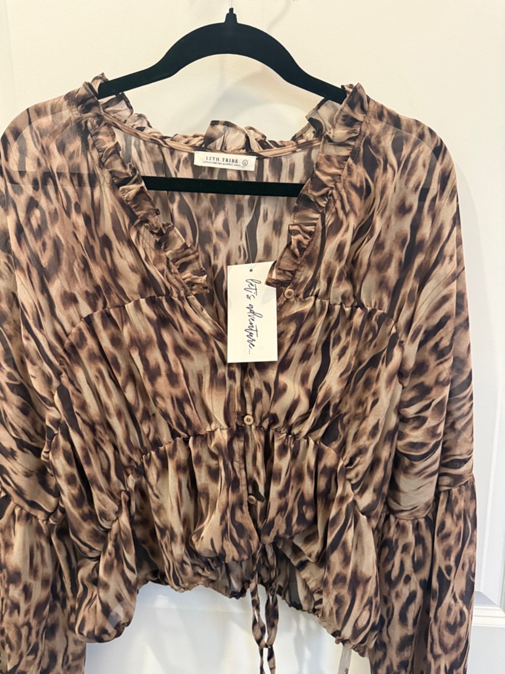 12th Tribe Leopard Print Ruffled V-Neck Blouse in Brown and Tan - Picture 2 of 16